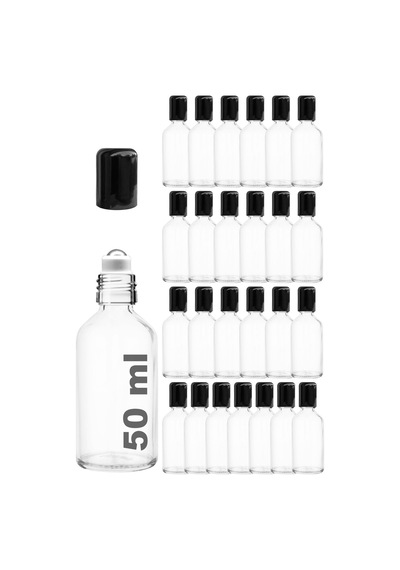 Çelik Roll On Şişesi 50 ML Sızdırmaz Siyah Kapaklı Şeffaf Cam Şişe 25 Adet