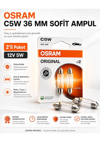 Osram C5w 36mm Sofit Ampul 12v 5w 2'li Paket Tavan Plaka Bagaj Aydınlatma