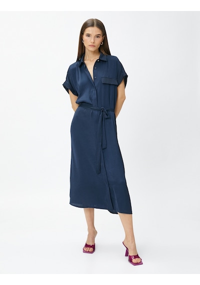 Koton Oversize Midi Gömlek Elbise Kemerli Lacivert 3sak80073pw 3SAK80073PW710