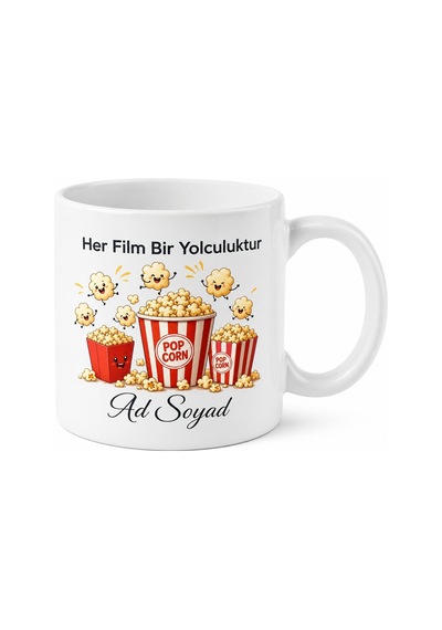 Patlamış Mısır Desenli Sinema Keyfi Kupa Bardak Film Sevenlere Hediye Beyaz / Çok Renkli