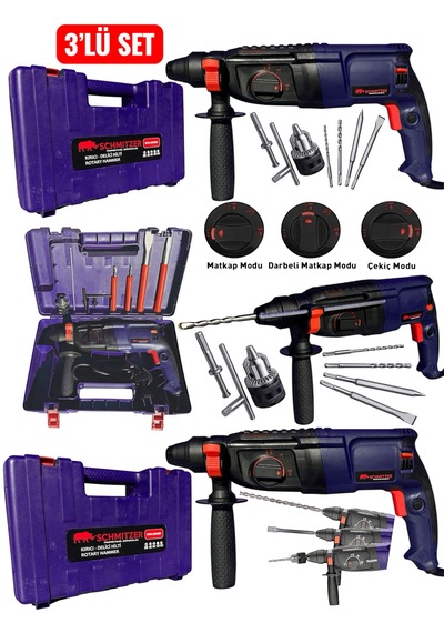 Schmıtzer 3'lü Set Sch-2603m Pro 850 W Sds Plus Metal Şanzuman Profesyonel Darbeli Matkap Kırıcı Delici 26mm Hilti