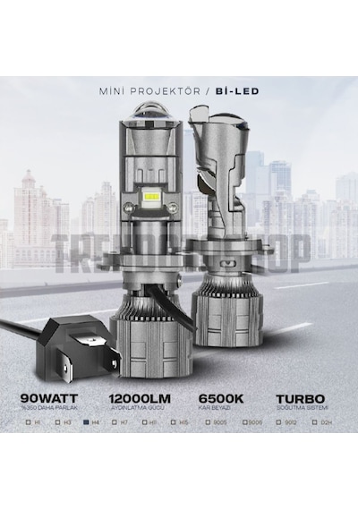 H4 Bi-LED Mini Projektör Lens 90W 16000LM