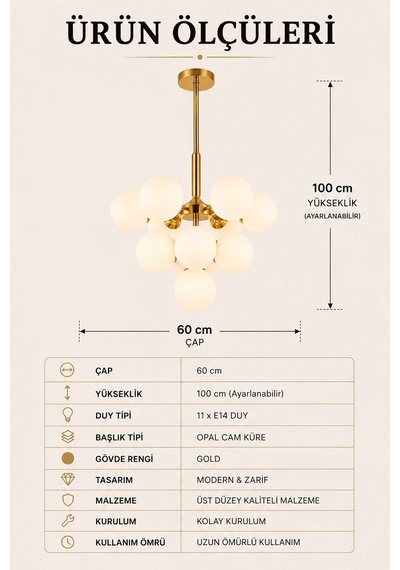 Modern Premium 11'li Gold Opal Küre Avize Modern Sarkıt Avize Salon Yemek Odası Avizesi 11xe14