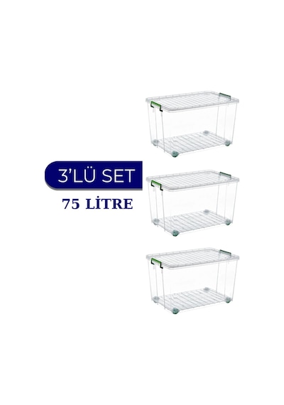 Tekerlekli Saklama Kutusu 75 Litre Şeffaf 3 Adet Saklama Kabı Mutfak/banyo Çok Amaçlı