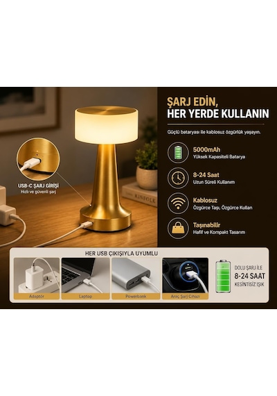 Dokunmatik Şarjlı Led Masa Lambası - 3 Kademeli Işık Ayarlı, Kablosuz Dekoratif Gece Lambası, 1800 Mah Taşınabi Diğer