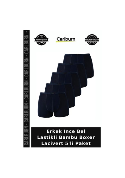 Carlburn Premium Erkek İnce Bel Lastikli Bambu Boxer Lacivert 5'li Paket Esnek Model Spor Tarz İç Giyim