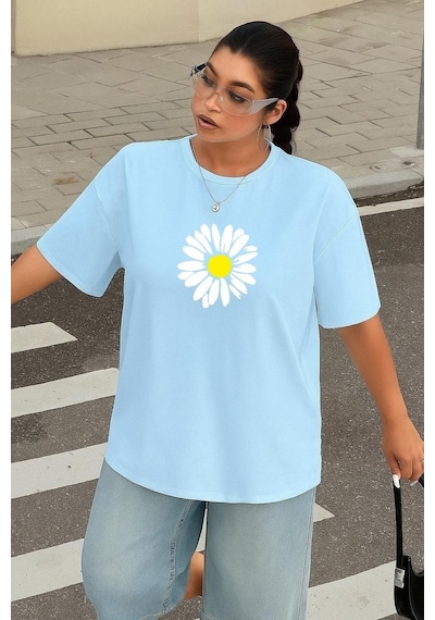 Benroma Büyük Beden Papatya Baskılı Unisex Tişört Bebe Mavisi