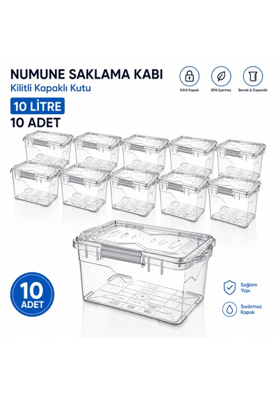 Numune Saklama Kabı 10 L - Kilit Kapaklı Kutu 10 Adet