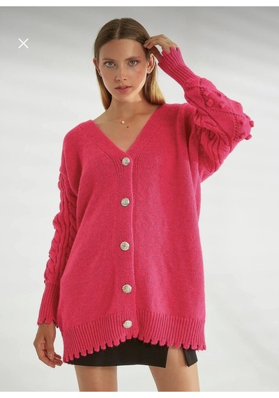Örgü İşleme Detaylı Pembe Hırka-357 Pembe