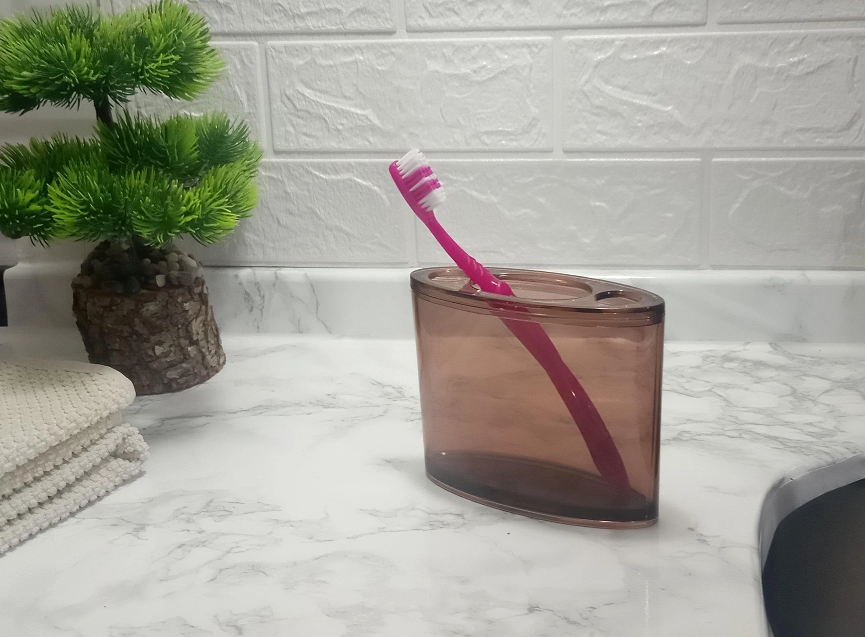 2 Adet Diş Fırçalık Oval Kahverengi Akrilik 13x5x10cm Banyo Seti Çok Renkli