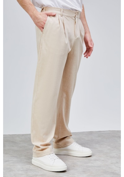 HLT Jeans Erkek Bej Çift Pileli Rahat Kesim Beli Lastikli Bol Paça Baggy Pantolon Albert-1991 Bej
