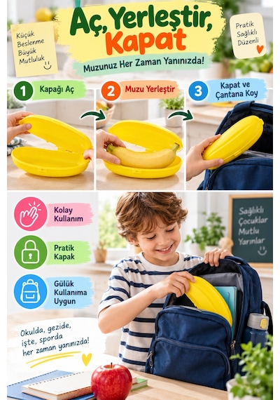 Muz Saklama Kutusu 21 Cm Sarı Muz Koruyucu Beslenme Kabı Çanta Okul Spor Seyahat İçin Pratik Aparatı