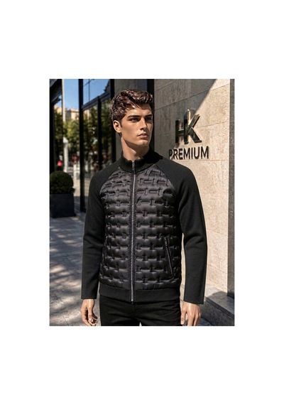 Hk Premium Erkek Mont Daire Baskı Örme Triko %100 Polyester Dik Yaka Ceket Siyah
