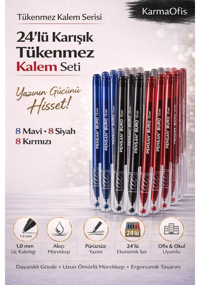 24'lü Karışık Tükenmez Kalem Seti 1.0 Mm 8 Mavi 8 Siyah 8 Kırmızı Beyaz