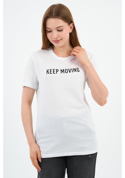 Baskılı Bisiklet Yaka Pamuklu T-shirt Beyaz