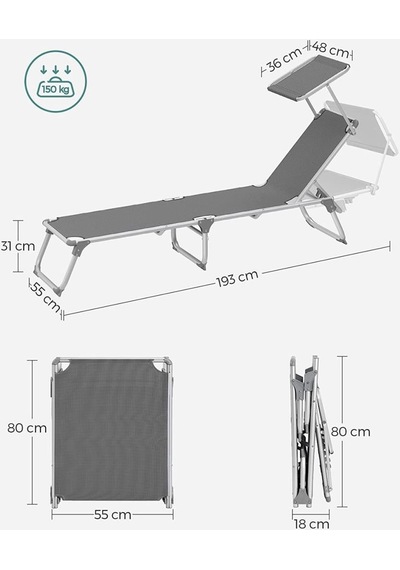 Songmics Gcb19 55x193x31 Cm Gölgelikli Katlanabilir Şezlong Antrasit