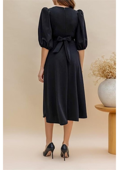 Dip Moda Kadın Kemerli Kruvaze Yaka Midi Boy Elbise Dpnbmy001 Siyah