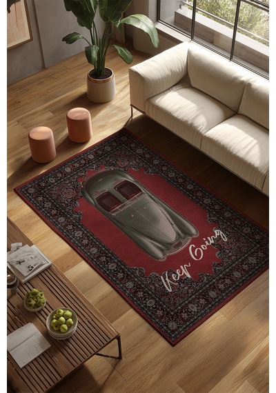 Retro 107 Kırmızı Siyah Vintage Retro Araba Figürlü Keep Going Tasarım Salon Oturma Ev Oda Halısı