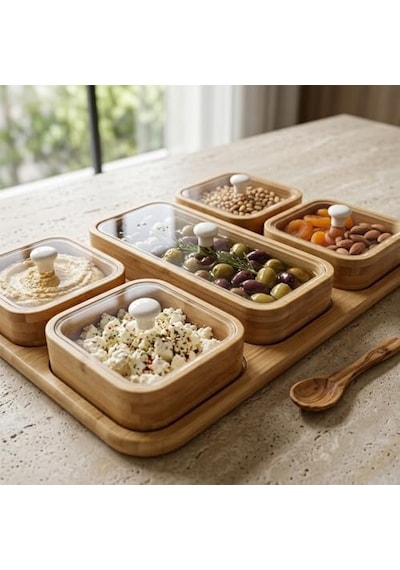 6 Parça Bambu Kahvaltılık Seti - Şeffaf Akrilik Kapaklı Kırılmaz Çerezlik, Reçellik Ve Kahvaltı Sunum Tabağı 32.5 X 22 X 4 Cm