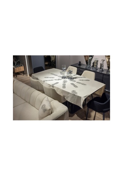 Diktörgen El Baskısı Etnik Desenli Masa Örtüsü Ekru - 681496782 Ekru
