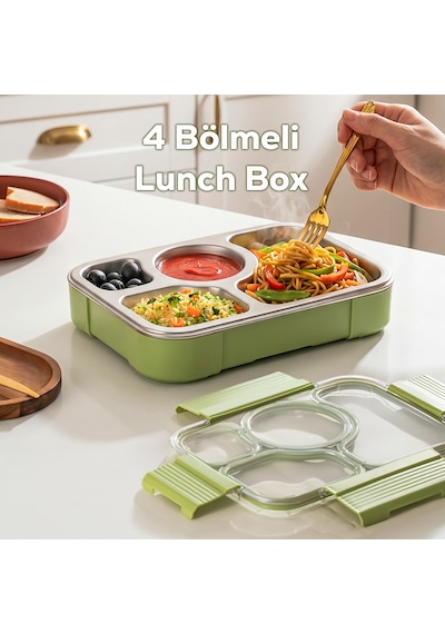 Porsima Bl25239 Isı Yalıtımlı Paslanmaz Çelik Sızdırmaz Silikon Kapak 4 Bölmeli Vakumlu Yemek Termosu Beslenme Kutusu Taşınabilir Lunch Box Sefer Tası Yeşil