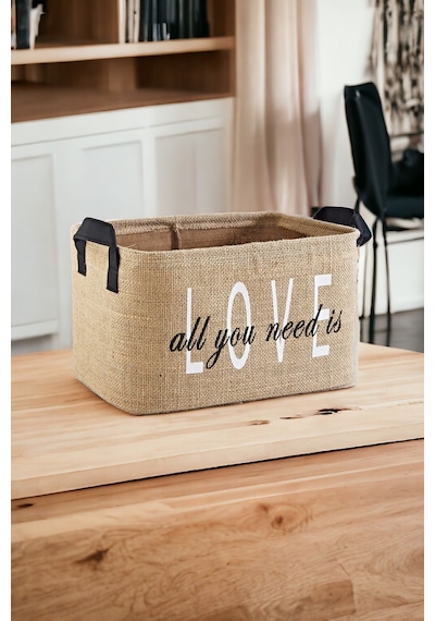 Love Baskılı Jüt Dolap Içi Çocuk Odası Oyuncak Düzenleyici Katlanır Saklama Sepeti Organizer30x22x18 Bej