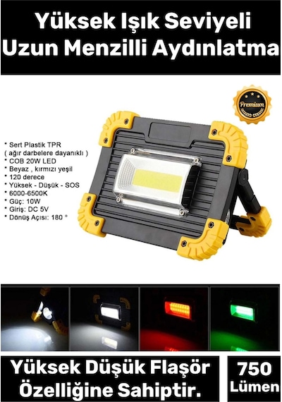 Premium 3 Mod Su Geçirmez 180 Derece Dönebilen 4400 Lityhum Pil 750 Lümen Powerbank Şarjlı Işıldak Çok Renkli
