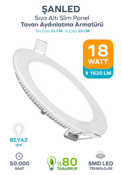 18w Tasarruflu Led Yuvarlak Beyaz Işık Sıva Altı Slim Panel Tavan Aydınlatma Armatürü-1 Adettir