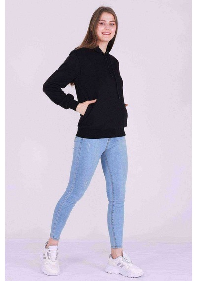 Siyah Basic Oversize Kadın Kapüşonlu Hoodie 3 Iplik Sweatshirt