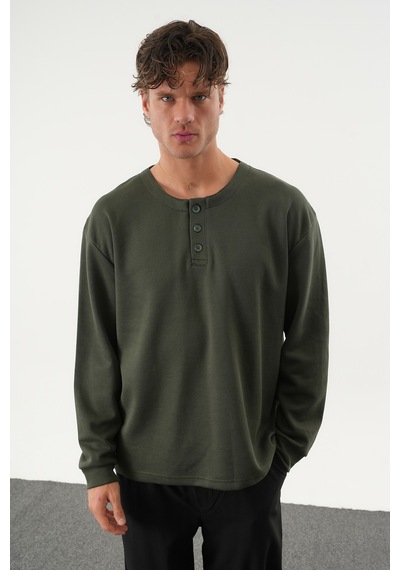 Redline Taren Oversize Erkek Kışlık Düğmeli Sweatshirt Haki