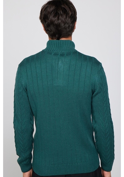 Tudors Erkek Slim Fit Dar Kesim Yumuşak Dokulu Desenli Dik Yaka Düğmeli Triko Yeşil Kazak-29889 Yeşil