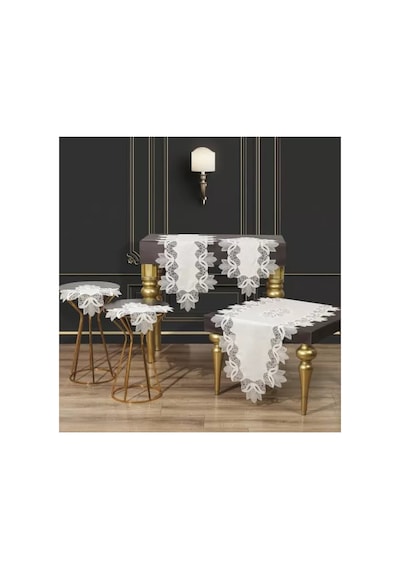 Salon Takımı Çeyizlik Kayla Model Krem-gümüş 5 Parça Keten Dantelli Runner Seti Çok Renkli