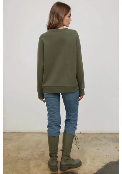 Hiccup Baskılı Yuvarlak Yaka Rahat Kesim Sweatshirt Haki