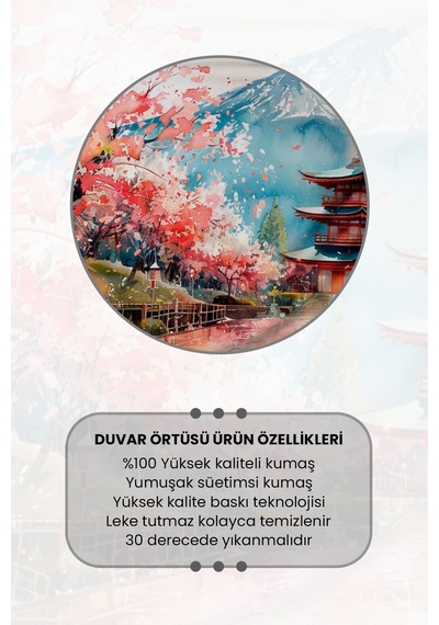Sakura Ve Pagoda Desenli Duvar Halısı Duvar Örtüsü Tapestry Süet Dokulu Kumaş