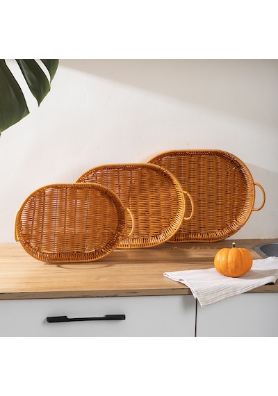 Porsima 708d Oval 3'lü Hasır Tepsi Dekoratif Sunum Servis Tepsisi