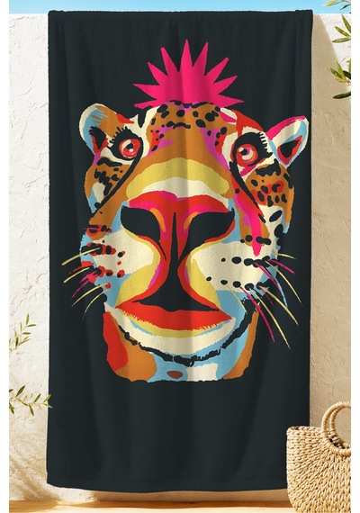 Leopar Figürlü Siyah Plaj Havlusu - Modern Renkli Animal Art Hızlı Kuruyan Mikrofiber Havlu Dumanlı Şeftali