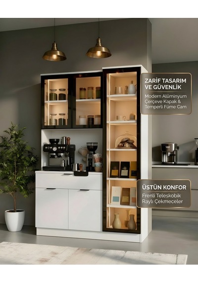 Dream Premium Kahve İstasyonu - Kahve Köşesi Ve Mutfak Ünitesi - Beyaz Füme Temperli Camlı Led Modül Beyaz Dream Premium Kahve İstasyonu - Kahve Köşesi Ve Mutfak Ünitesi - Beyaz Füme Temperli Camlı Led Modül Beyaz