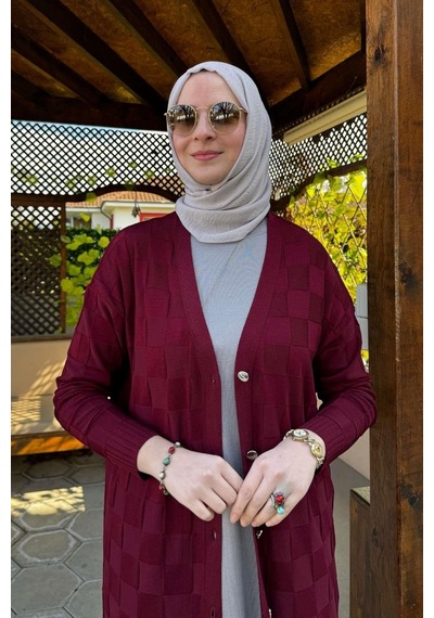 Rabia Şamlı Dama Desenli Triko Hırka Bordo Çok Renkli