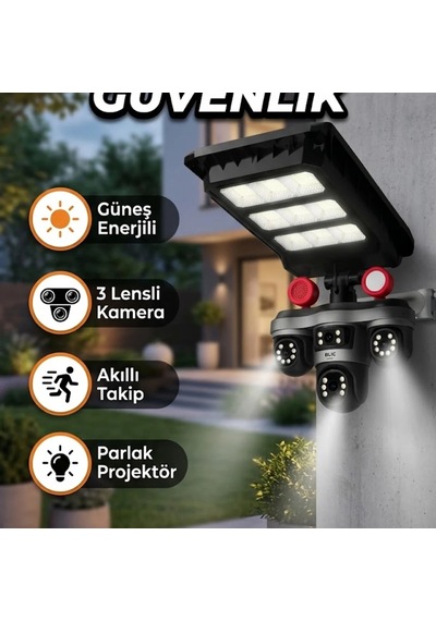 3 Lensli Güneş Enerjili Dış Mekan Güvenlik Kamerası Led Projektörlü Akıllı İzleme Sistemi
