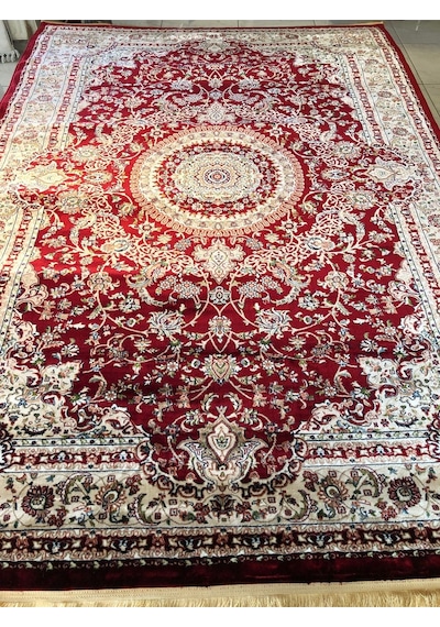 Asaryün Halı Ipek H4095 Bordo İpeksi Geleneksel Renkli Göbekli Klasik Desen Salon Halısı Modern Bordo-kırmızı