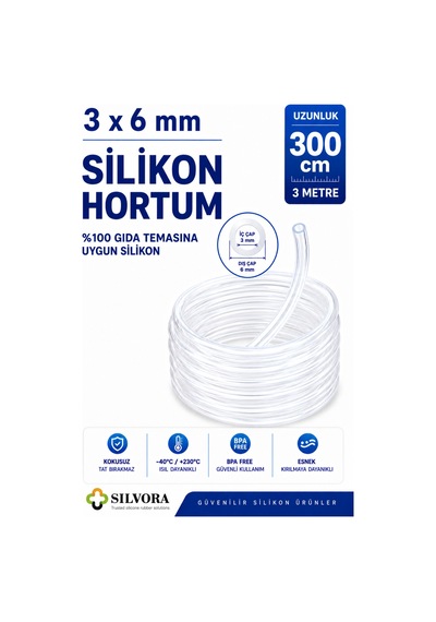 %100 Silikon Hortum 3x6 Mm-iç Çap 3 Mm-dış Çap 6 Mm-3 Metre-gıda Temasına Uygun, Şeffaf, Esnek - 908183141