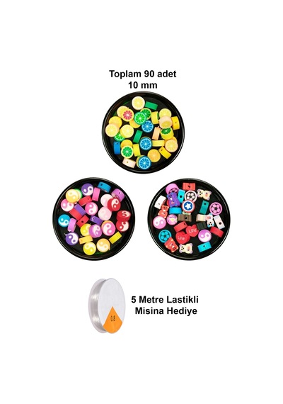 90 Adet 10 Mm Polimer Kil Fimo Boncuk Takı Bileklik + 5 Metre Misina Hediye - Yin Yang - Karışık - Limon