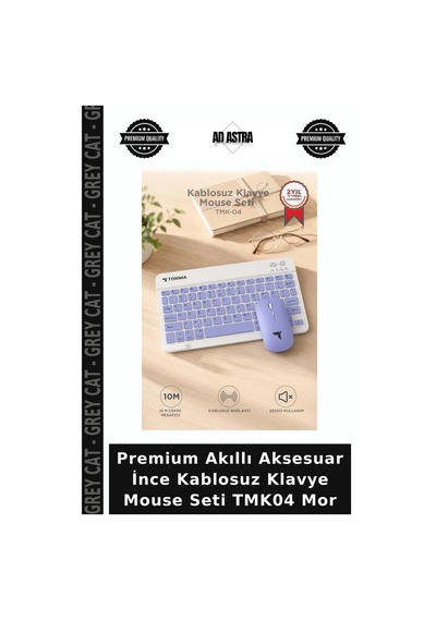 Premium Akıllı Aksesuar İnce Kablosuz Klavye Mouse Seti Tmk04 Mor