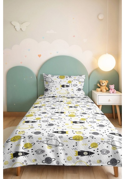 Evimde Bambaşka Uzay Roket Sarı Erkek Çocuk Pike Takımı - Gri Geometrik Bebek Odası Yazlık Yatak Örtüsü - 160x220  CM