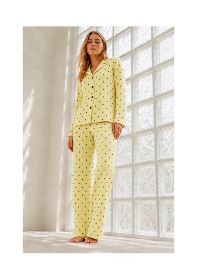 Fit Women Kadın Çeyizlik Puantiyeli Sarı Pijama Takımı