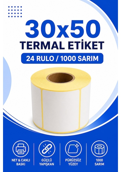 30x50mm Termal Etiket 24 Rulo 1000 Sarım Ribonsuz Kargo, Lojistik, Depo Yapışkanlı 1