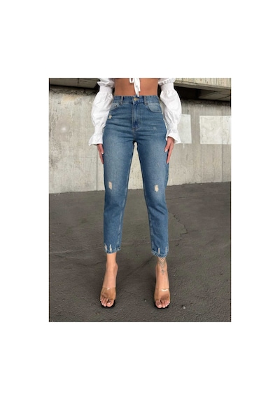 Kene Jeans Yüksek Bel Tintli Tam Kalıp Lazer Yırtık Mom Jeans Tint İşlemli