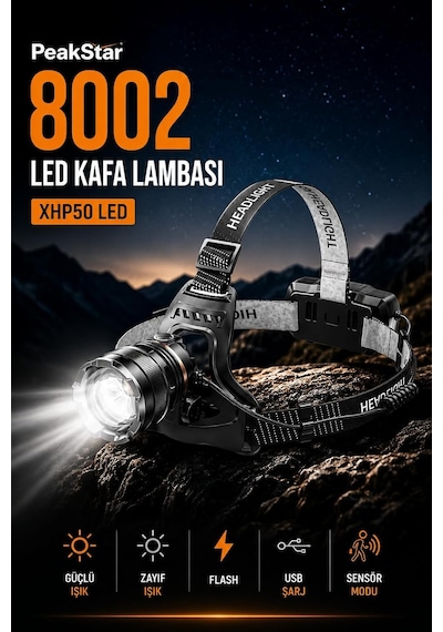 Peakstar Ps-8002 Sensörlü Zoomlu Profesyonel 3000 Lümen Xhp50 Led Usb'li Şarjlı Kafa Lambası Gümüş