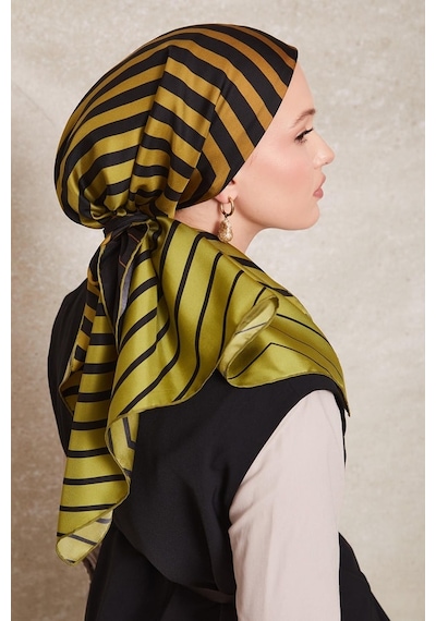 Levidor Şerit Desen Twill İpek Eşarp-0909 Fıstık Yeşili