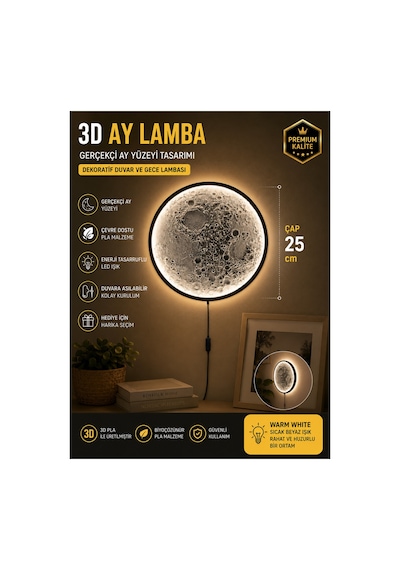 3d Ay Gece Lambası Gerçekçi Ay Yüzeyli Led Duvar Lambası 25 Cm Dekoratif Pla Aydınlatma